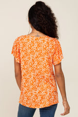 Orange Floral Ribbed Ruffle Short Sleeve Top