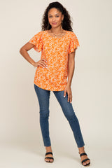 Orange Floral Ribbed Ruffle Short Sleeve Top