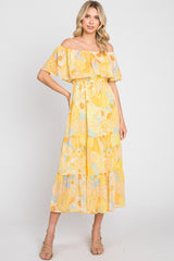 Yellow Floral Flounce Off Shoulder Midi Dress