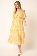 Yellow Floral Flounce Off Shoulder Midi Dress