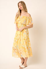 Yellow Floral Flounce Off Shoulder Midi Dress