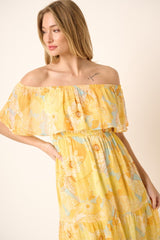 Yellow Floral Flounce Off Shoulder Midi Dress