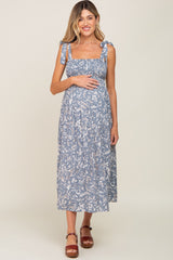 Light Blue Floral Smocked Shoulder Tie Maternity Midi Dress