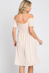 Peach Swiss Dot Off Shoulder Dress