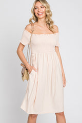 Peach Swiss Dot Off Shoulder Dress