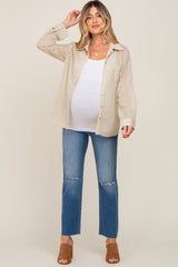 Light Olive Textured Stripe Collared Button-Down Long Sleeve Maternity Top