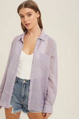 Lavender Textured Stripe Collared Button-Down Long Sleeve Top