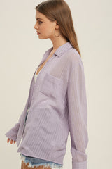 Lavender Textured Stripe Collared Button-Down Long Sleeve Top