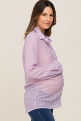 Lavender Textured Stripe Collared Button-Down Long Sleeve Maternity Top