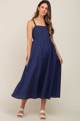 Navy Blue Linen Square Neck Lace-Up Back Maternity Midi Dress