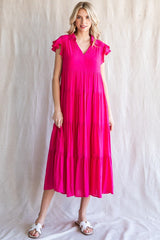 Fuchsia Flutter Sleeve Tiered Maternity Midi Dress