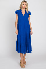 Royal Blue Flutter Sleeve Tiered Maternity Midi Dress