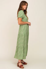 Green Floral Puff Sleeve Maxi Dress