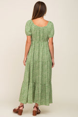 Green Floral Puff Sleeve Maxi Dress