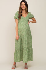 Green Floral Puff Sleeve Maternity Maxi Dress