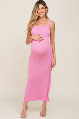 Pink Rib Knit Side Slit Maternity Maxi Dress