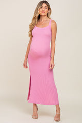 Pink Rib Knit Side Slit Maternity Maxi Dress