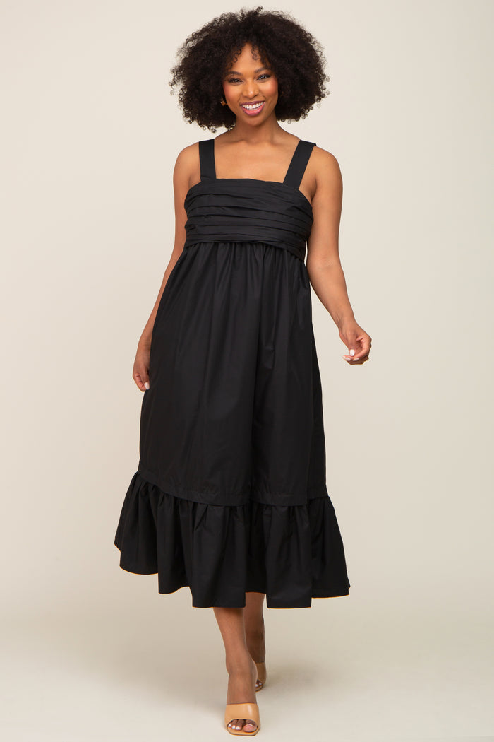Black Pleated Back Tie Midi Dress