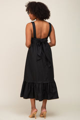 Black Pleated Back Tie Midi Dress