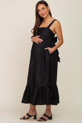 Black Pleated Back Tie Maternity Midi Dress