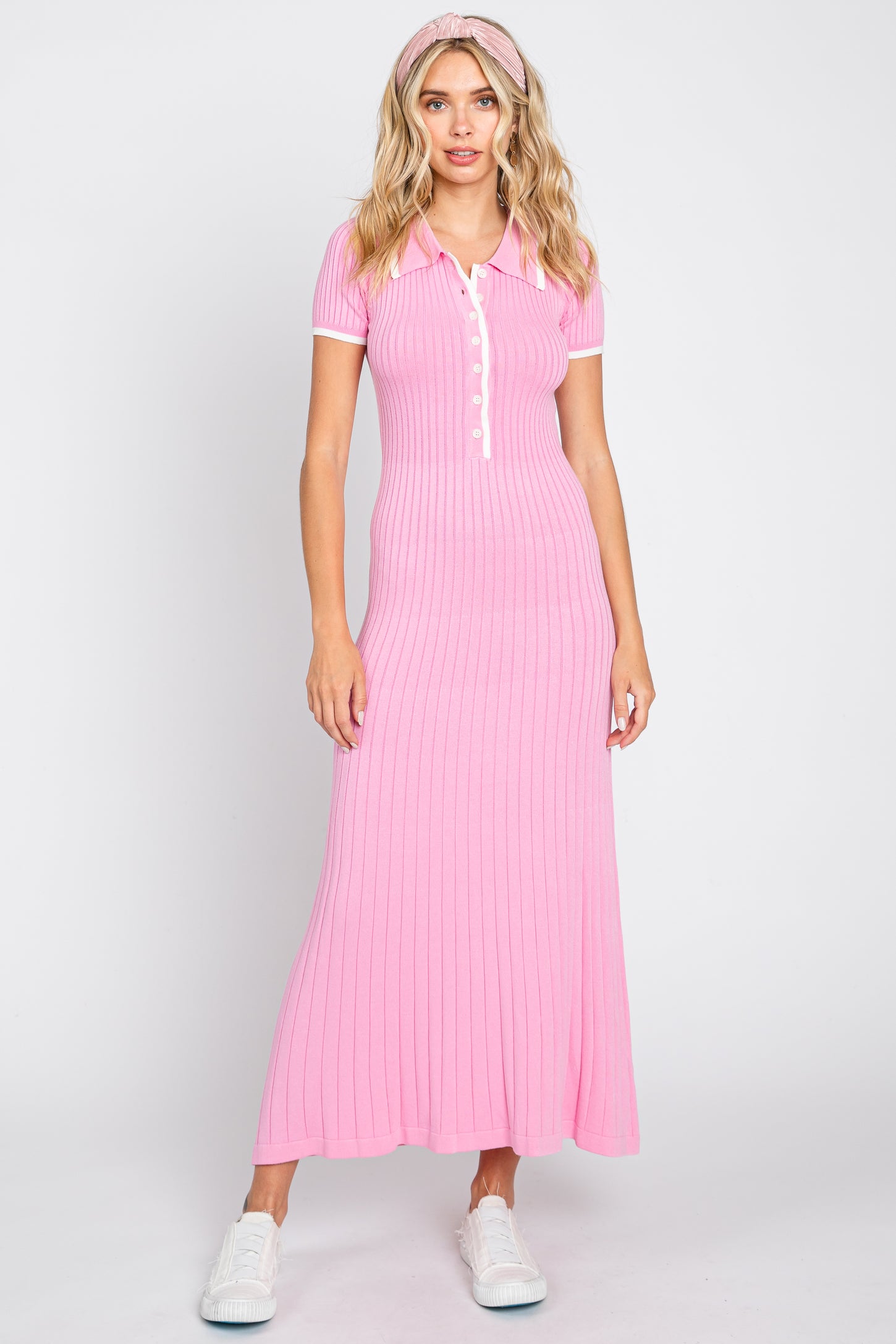 Pink Collared Knit Midi Dress