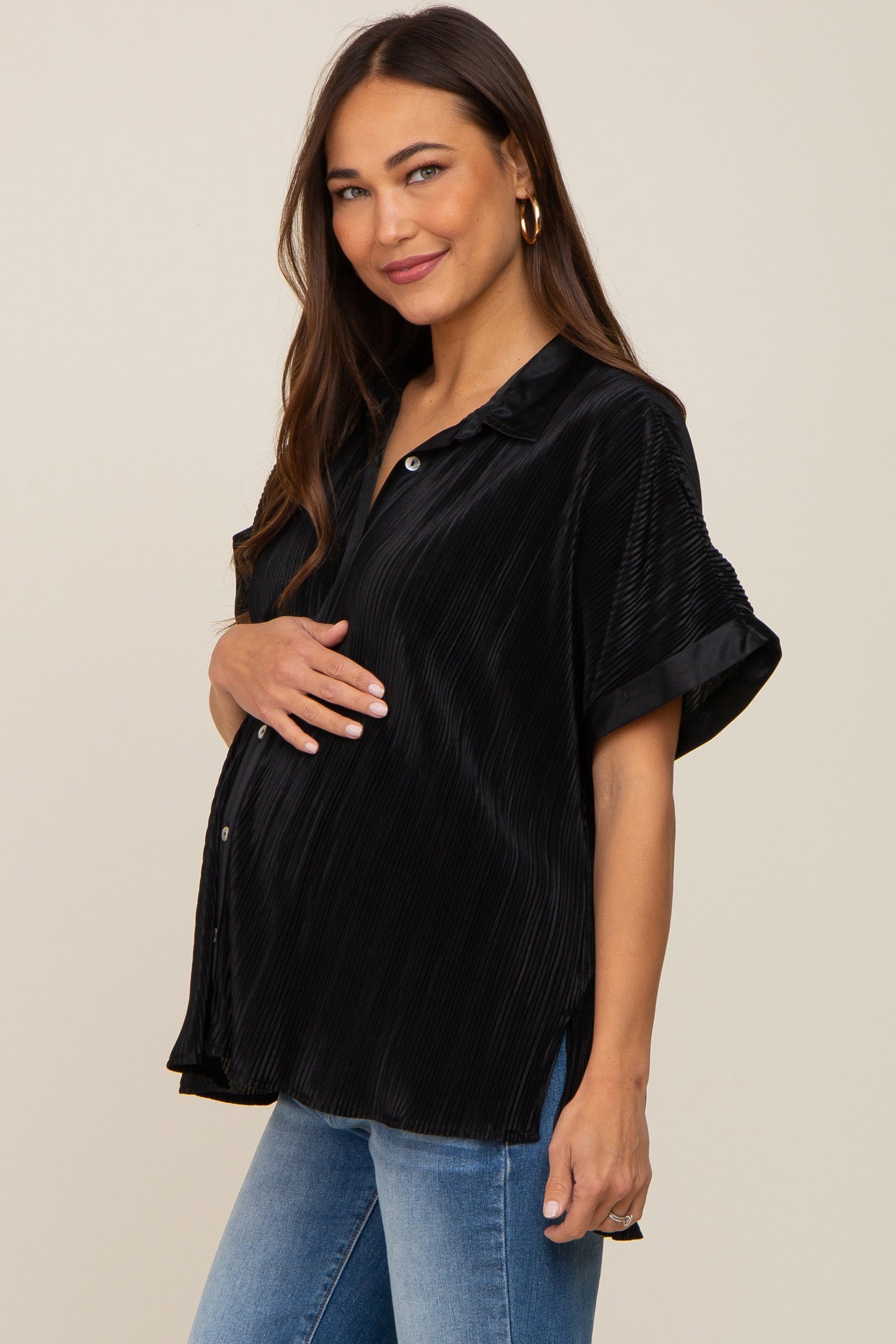 Black Pleated Satin Button Up Maternity Top