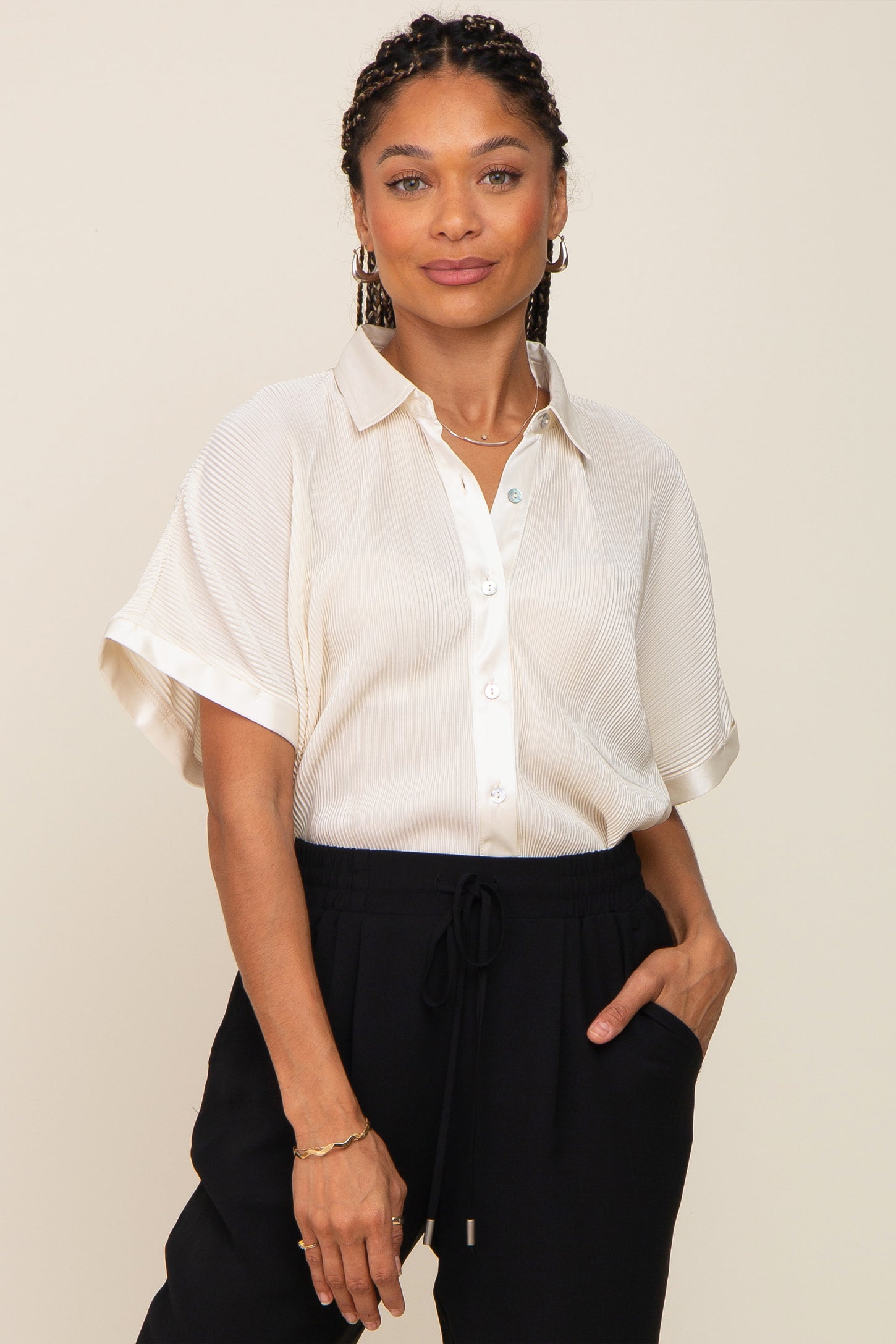 Cream Pleated Satin Button Up Top