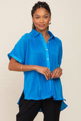 Blue Pleated Satin Button Up Maternity Top