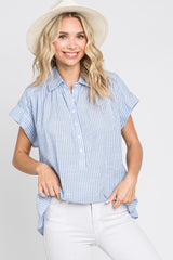 Light Blue Striped Button Front Collared Maternity Top