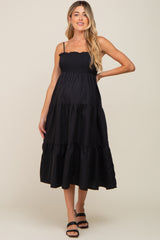 Black Smocked Open Back Tiered Maternity Midi Dress