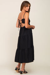 Black Smocked Open Back Tiered Maternity Midi Dress