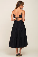 Black Smocked Open Back Tiered Midi Dress