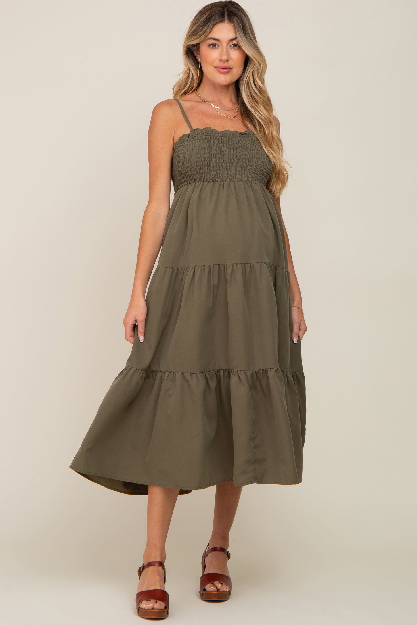 Olive Smocked Open Back Tiered Maternity Midi Dress