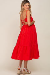 Red Smocked Open Back Tiered Maternity Midi Dress