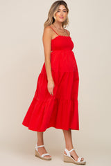 Red Smocked Open Back Tiered Maternity Midi Dress