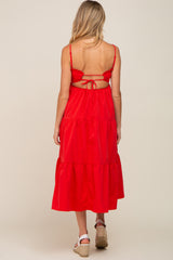 Red Smocked Open Back Tiered Maternity Midi Dress