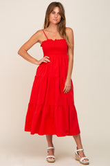 Red Smocked Open Back Tiered Maternity Midi Dress