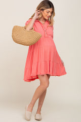 Coral Tiered Collared Linen Maternity Dress