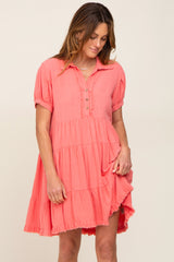 Coral Tiered Collared Linen Maternity Dress