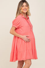 Coral Tiered Collared Linen Maternity Dress