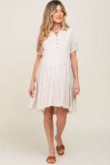 Cream Tiered Collared Linen Maternity Dress