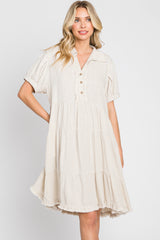 Cream Tiered Collared Linen Dress