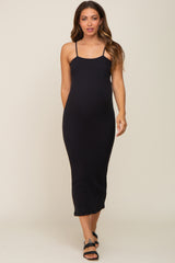 Black Ribbed Sleeveless Maternity Midi Dress