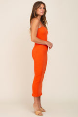 Orange Ribbed Sleeveless Midi Dress