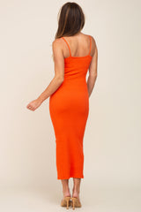 Orange Ribbed Sleeveless Midi Dress