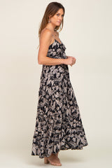 Black Palm Print Drawstring Front Tiered Maxi Dress