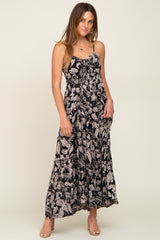 Black Palm Print Drawstring Front Tiered Maxi Dress