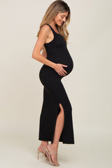 Black Rib Knit Side Slit Maternity Maxi Dress