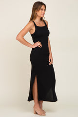 Black Rib Knit Side Slit Maxi Dress