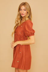 Rust Ribbed Button Front Flower Embroidered Dress